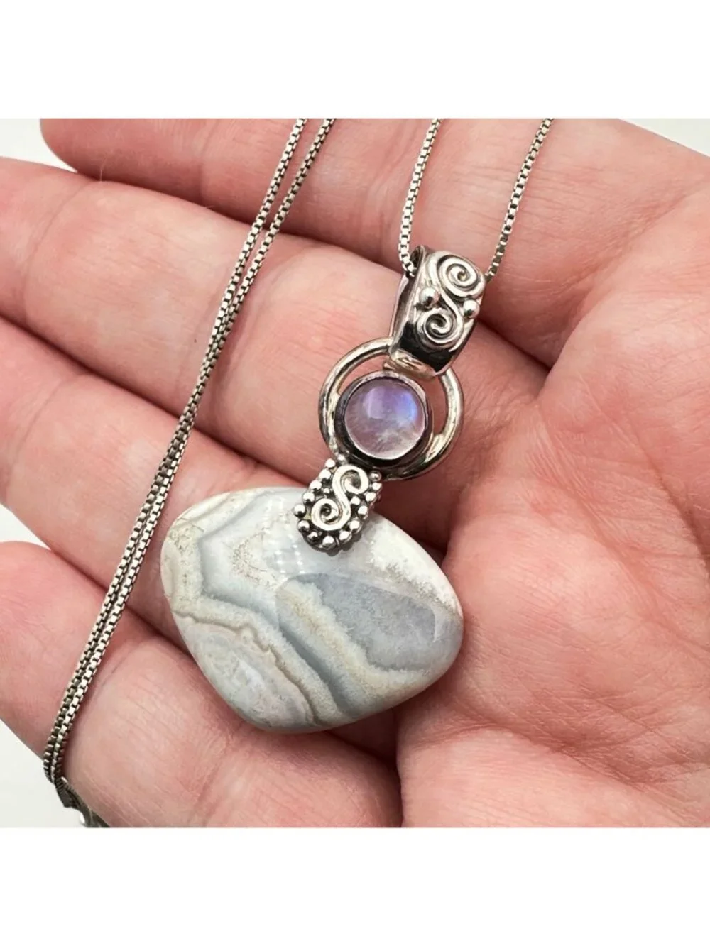 SAJEN Womens Necklace Blue Striped Gemstone Moonstone Sterling Silver Pendant